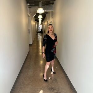 Desigual: Lace  V-Neck Dress with Red, Black and Gray